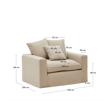 Nora Sessel mit abziehbarem Kissenbezug aus Leinen und Baumwolle taupe 140 cm - ZEN ZONE Furniture