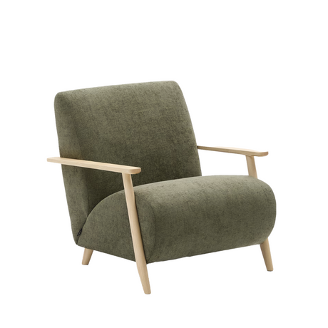 Sessel Meghan aus grünem Chenille und massivem Eschenholz mit natürlichem Finish - ZEN ZONE Furniture