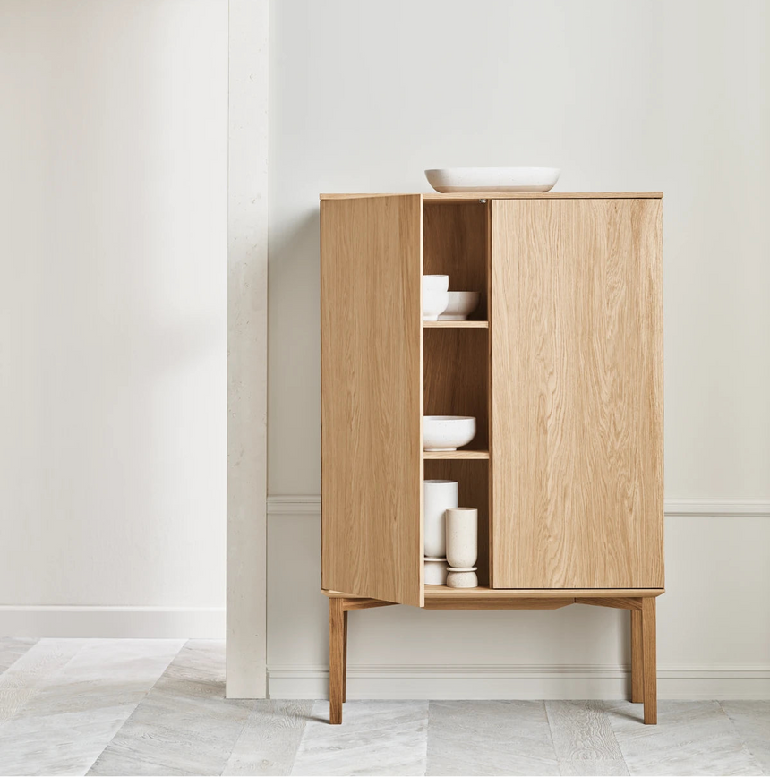 Silent Highboard with wooden frame, in oak, oiled, 100x45 cm