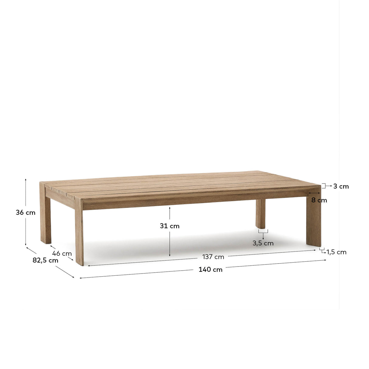 Couchtisch Ambra aus massivem Akazienholz mit hellem Finish 82,5 x 140 cm