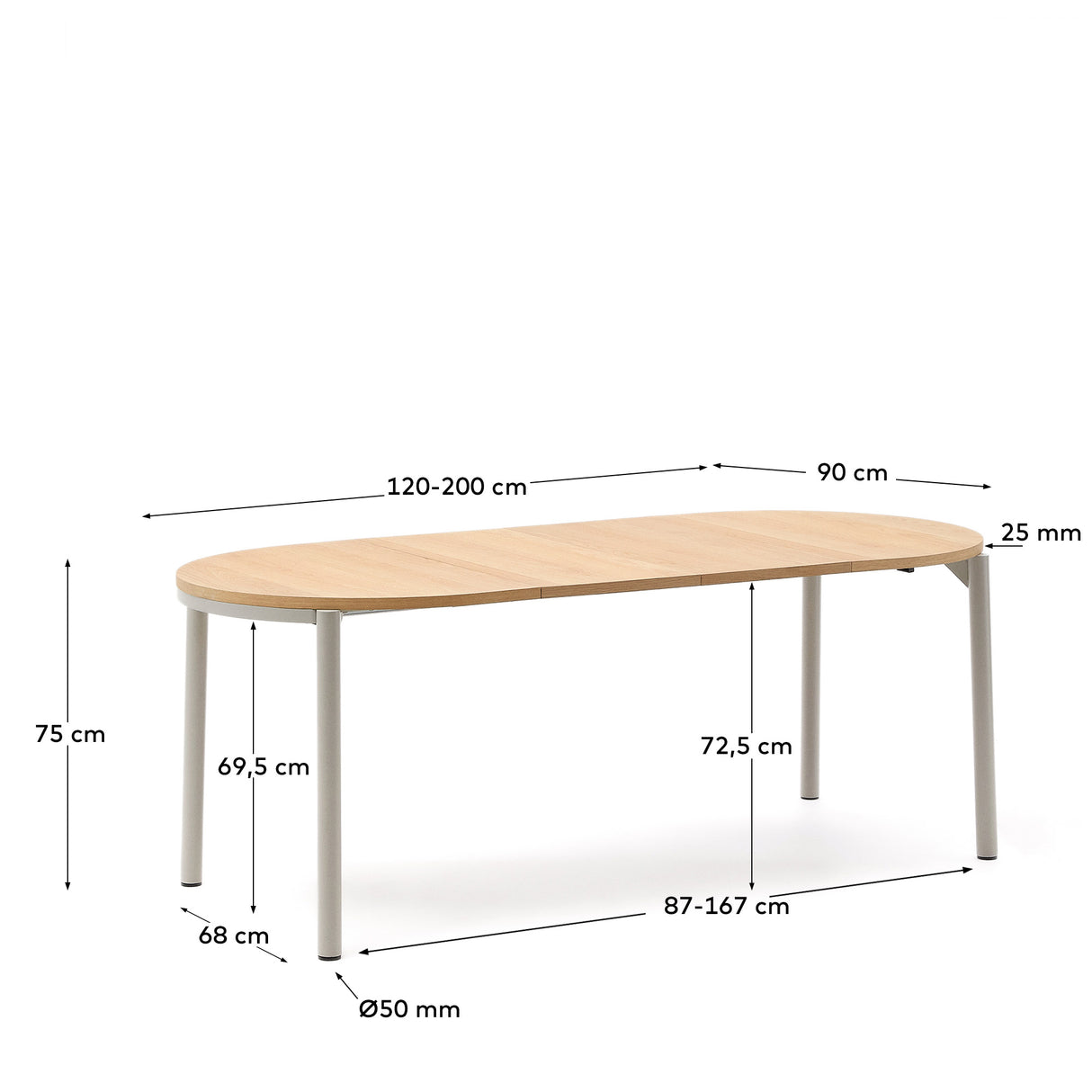 Montuiri Ausziehtisch rund Eichenfurnier und Stahlbeine graues Finish 120(160) x 90 cm - ZEN ZONE Furniture