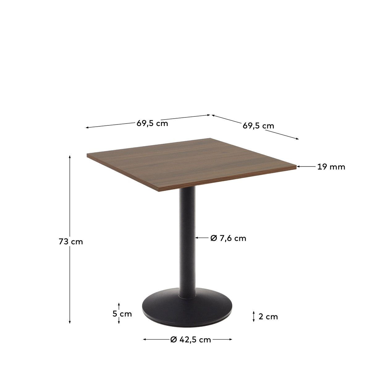 Esilda Tisch Melamin nussbaumfarben mit Metallbein schwarz lackiert 70x70x70 cm - ZEN ZONE