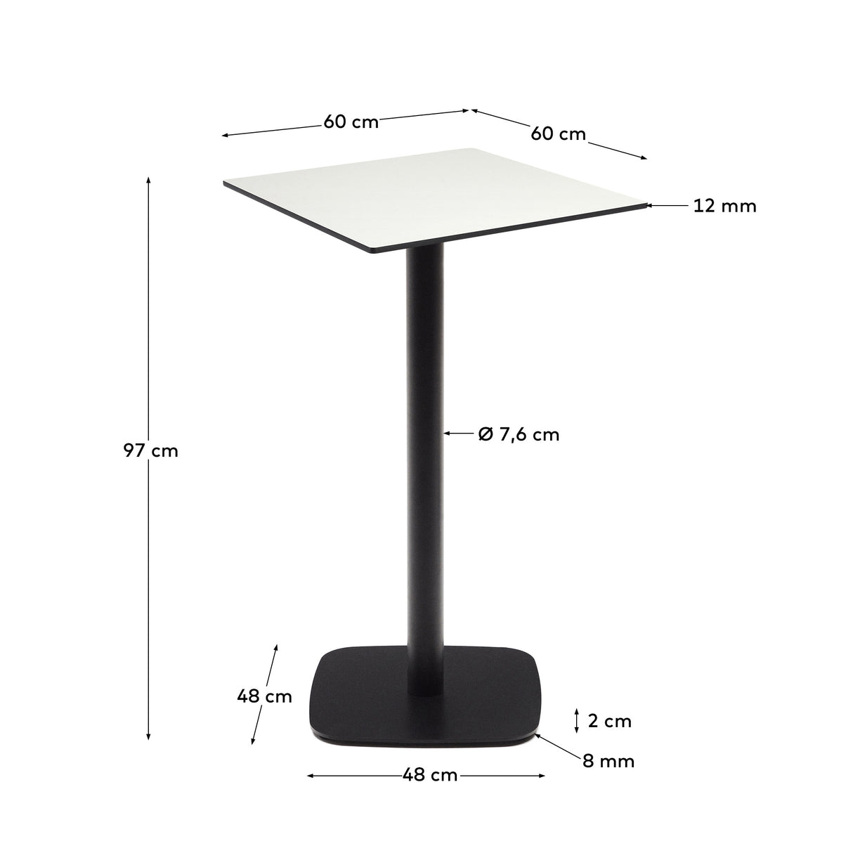 Dina hoher Outdoor-Tisch weiß mit schwarz lackiertem Metallbein 60x60x96 cm - ZEN ZONE Furniture