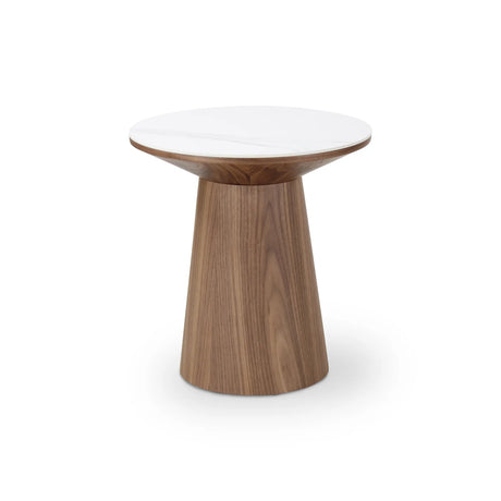 Beistelltisch CLARICE Keramik weiß, Holzbein Walnuss 48x48 cm - ZEN ZONE Furniture