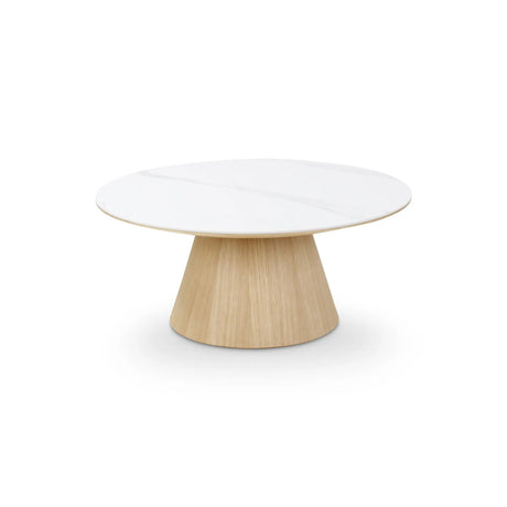 Couchtisch CLARICE Keramik Weiß, Holzbein Eiche Natur 90x90 cm - ZEN ZONE Furniture