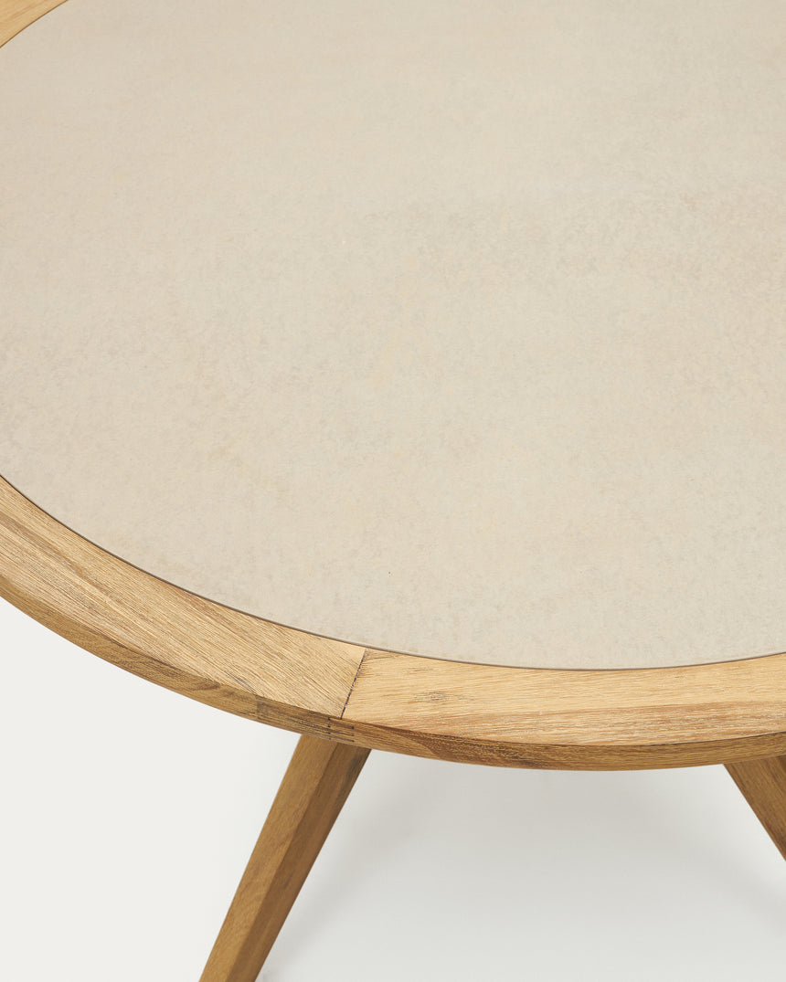 Julieta runder Tisch aus beigem Polyzement und massivem Akazienholz Ø 120 cm FSC 100% - ZEN ZONE Furniture