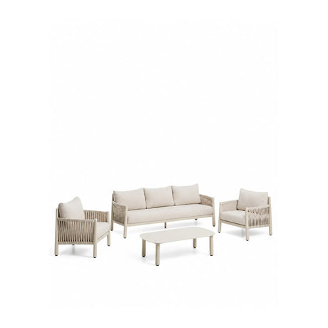 Set Aleria mit 3-Sitzer-Sofa, 2 Sesseln und Couchtisch aus Aluminium und synthetischem Seil in Ecru - ZEN ZONE Furniture