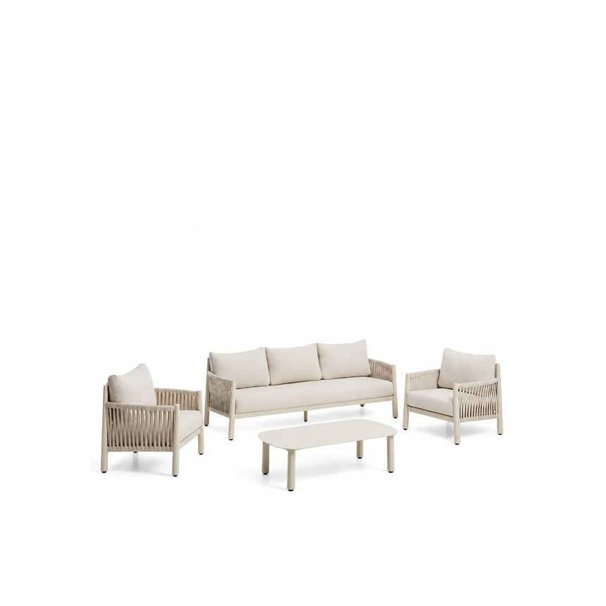 Set Aleria mit 3-Sitzer-Sofa, 2 Sesseln und Couchtisch aus Aluminium und synthetischem Seil in Ecru