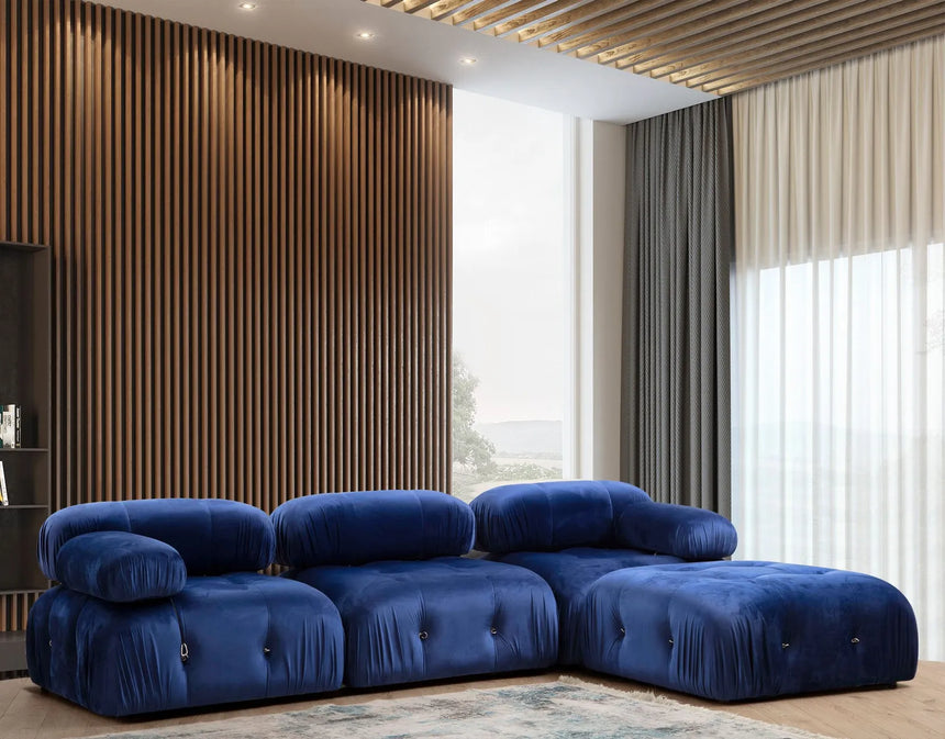 Bubble Ecksofa mit Pouf in Samtblau, 288x190 cm von Atelier Del Sofa – Bild 1