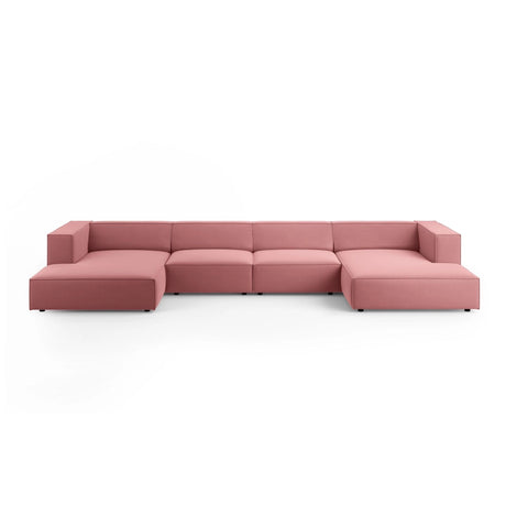 Arendal 6-Sitzer Panorama Sofa aus Samt in Flamingo (Casino Salmon), Beine in Schwarzes Plastik, 364x166x70 cm von Cosmopolitan Design – Bild 1