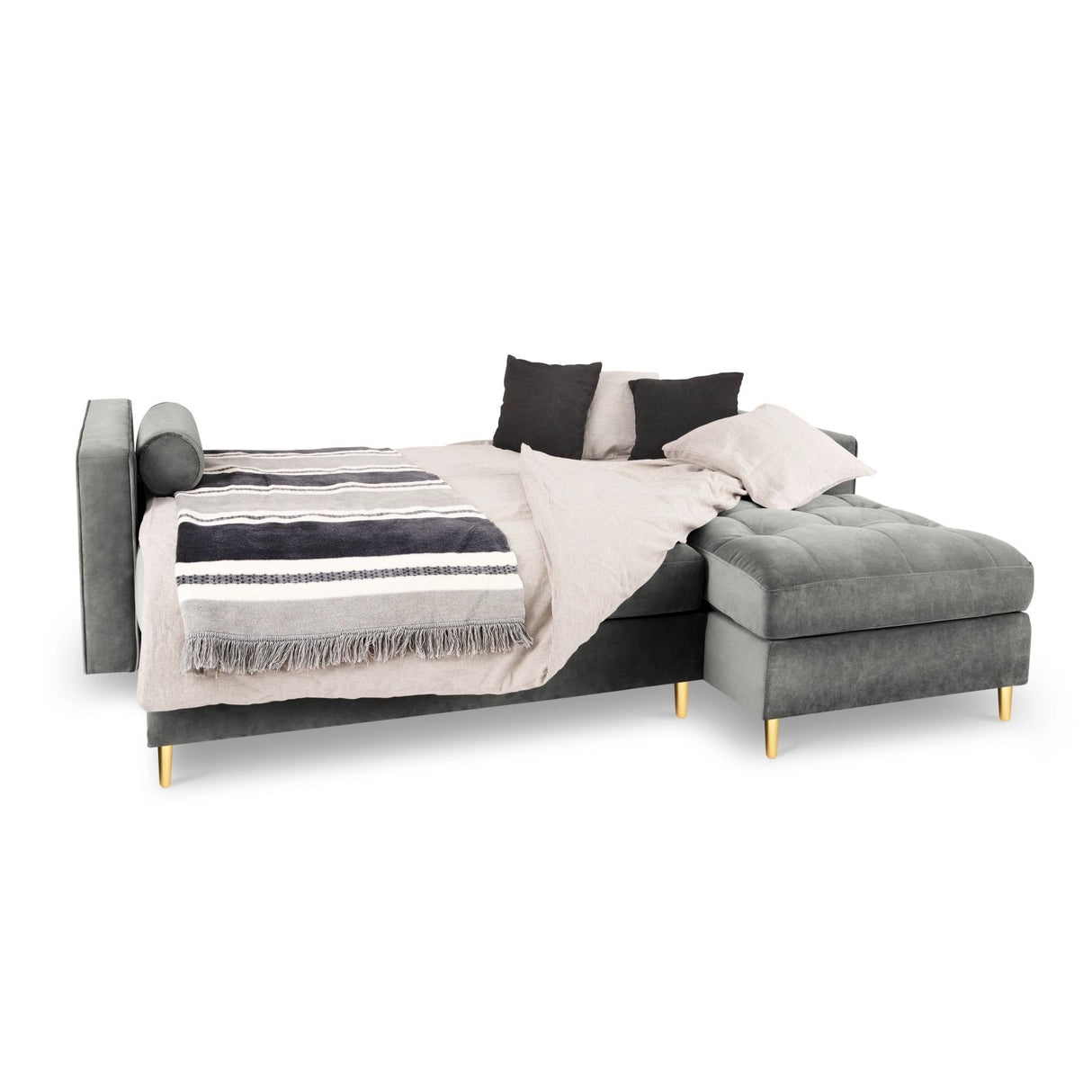Aspen 5-Sitzer Ecksofa mit Schlaffunktion und Stauraum, Rechte Seite, aus Samt in Grau (Salvador 17), 240x175x96 cm von Cosmopolitan Design – Bild 2