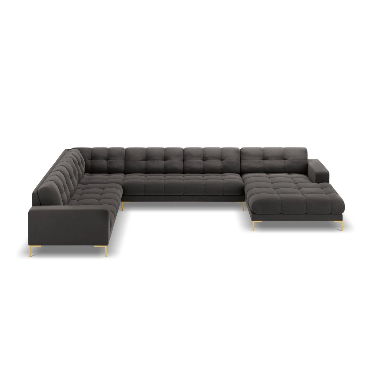 Bali 7-Sitzer Panorama Ecksofa, Linke Seite, aus Samt in Dunkelgrau (Bluvel 18), Beine aus Goldmetall, 327x256x75 cm von Cosmopolitan Design – Bild 3