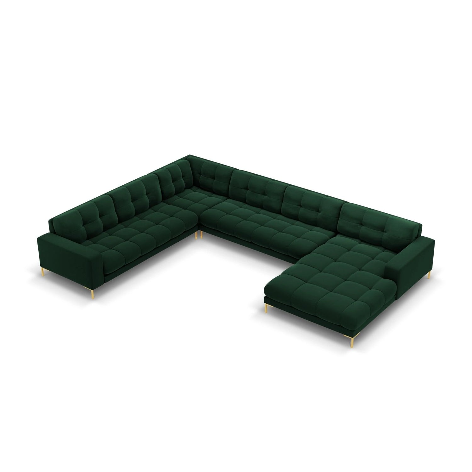 Bali 7-Sitzer Panorama Ecksofa, Linke Seite, aus Samt in Flaschengrün (Bluvel 78), Beine aus Goldmetall, 327x256x75 cm von Cosmopolitan Design – Bild 1