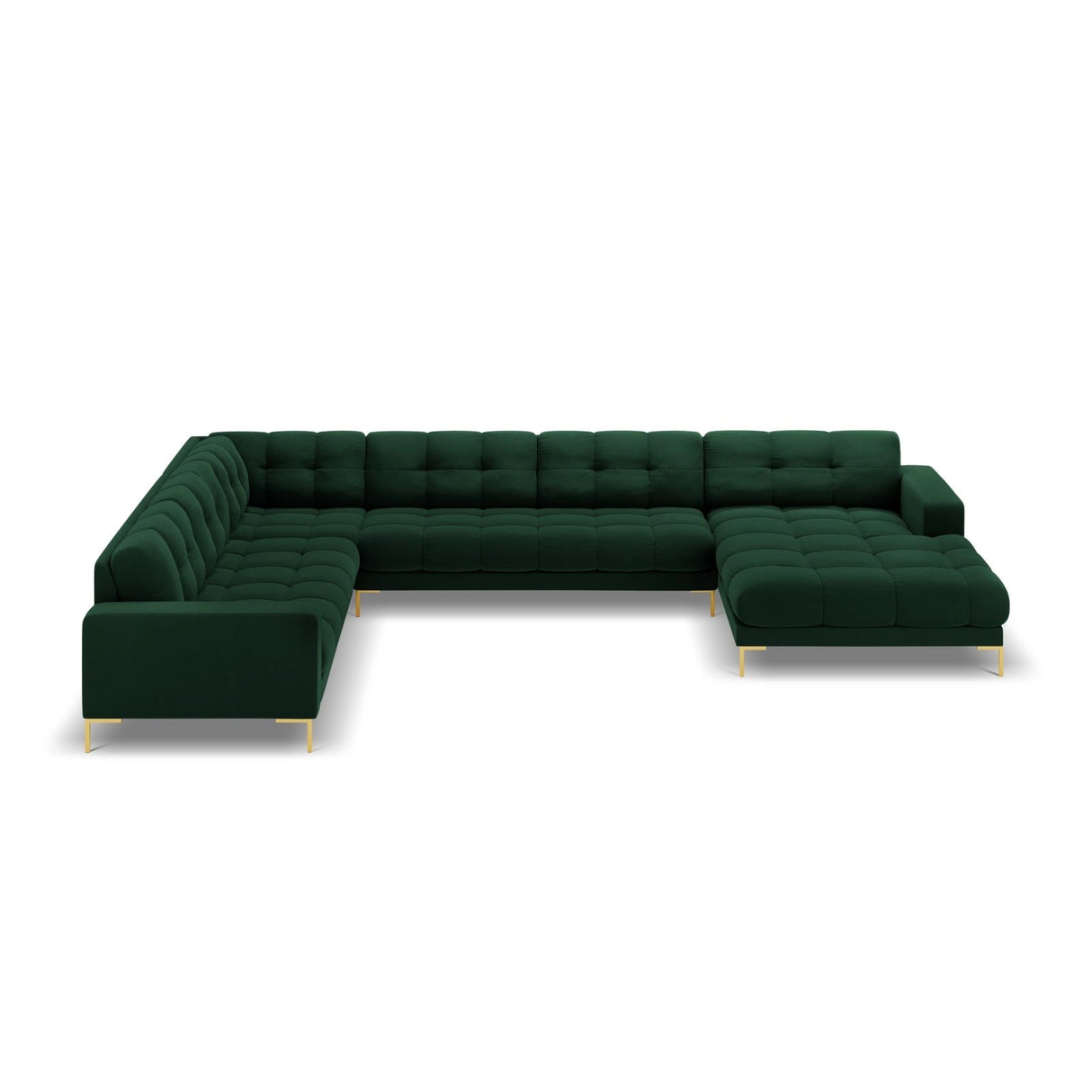 Bali 7-Sitzer Panorama Ecksofa, Linke Seite, aus Samt in Flaschengrün (Bluvel 78), Beine aus Goldmetall, 327x256x75 cm von Cosmopolitan Design – Bild 3