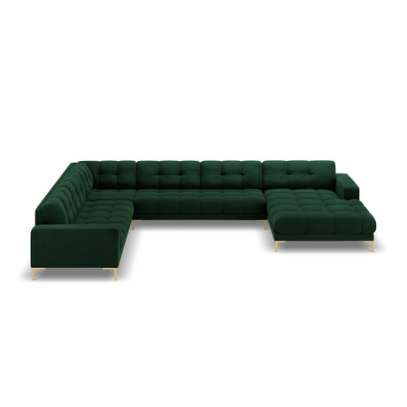 Bali 7-Sitzer Panorama Ecksofa, Linke Seite, aus Samt in Flaschengrün (Bluvel 78), Beine aus Goldmetall, 327x256x75 cm von Cosmopolitan Design – Bild 3