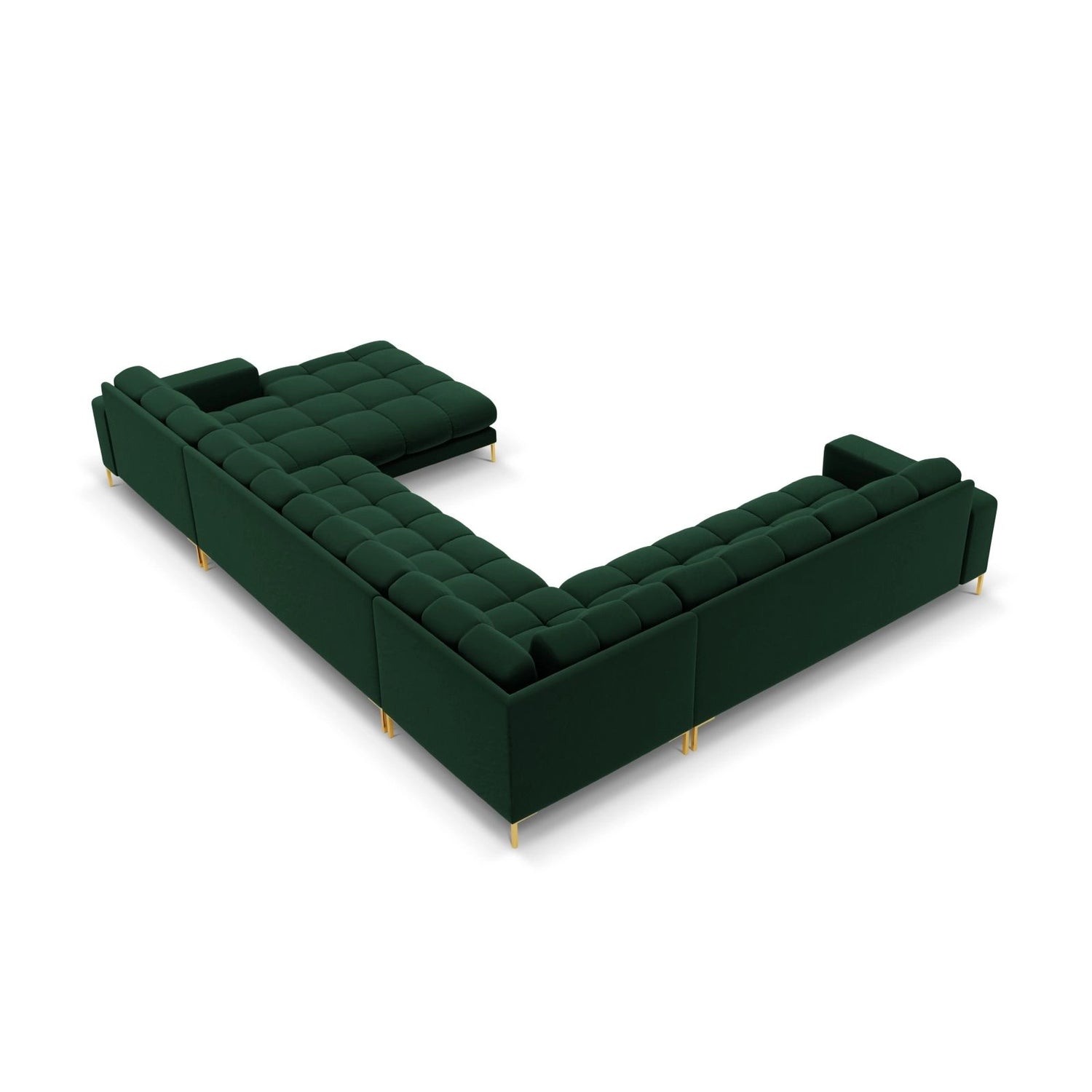 Bali 7-Sitzer Panorama Ecksofa, Linke Seite, aus Samt in Flaschengrün (Bluvel 78), Beine aus Goldmetall, 327x256x75 cm von Cosmopolitan Design – Bild 4