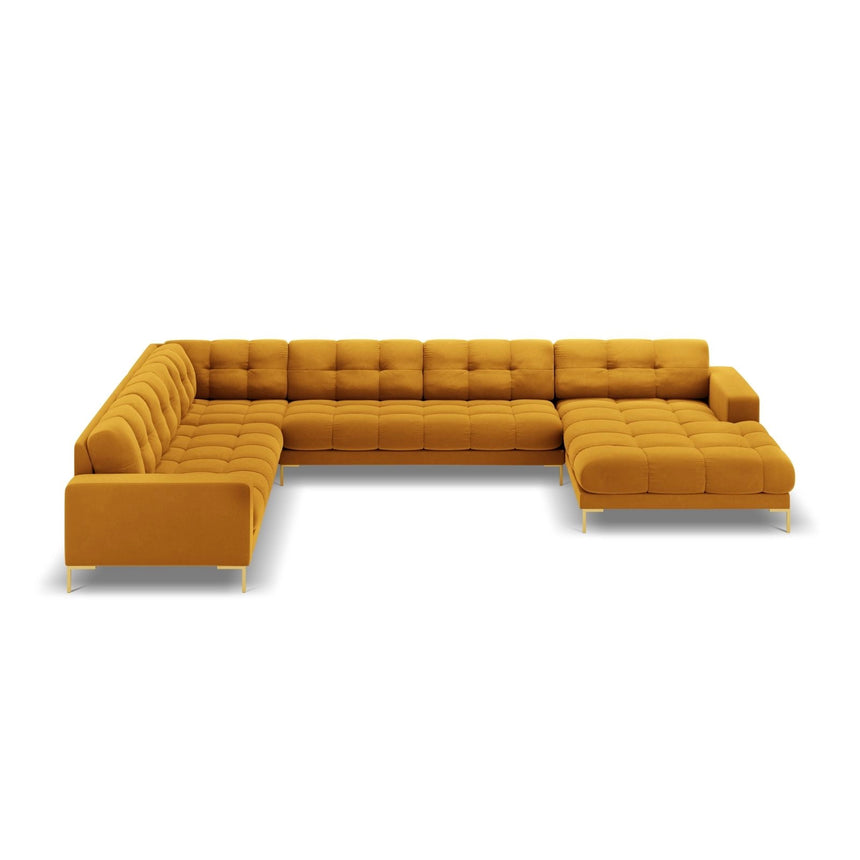Bali 7-Sitzer Panorama Ecksofa, Linke Seite, aus Samt in Gelb (Bluvel 68), Beine aus Goldmetall, 327x256x75 cm von Cosmopolitan Design – Bild 3