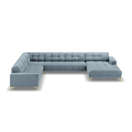 Bali 7-Sitzer Panorama Ecksofa, Linke Seite, aus Samt in Hellblau (Bluvel 06), Beine aus Goldmetall, 327x256x75 cm von Cosmopolitan Design – Bild 3