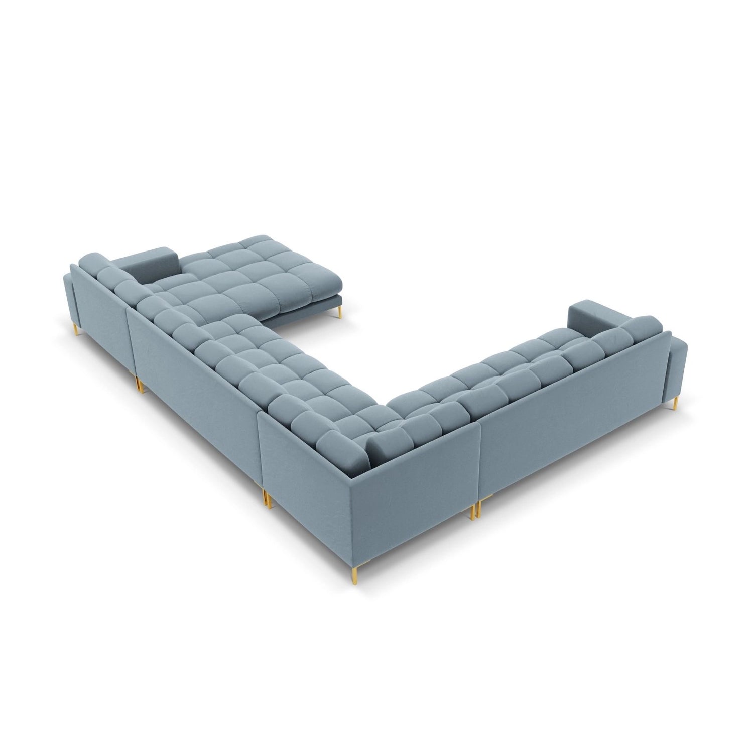 Bali 7-Sitzer Panorama Ecksofa, Linke Seite, aus Samt in Hellblau (Bluvel 06), Beine aus Goldmetall, 327x256x75 cm von Cosmopolitan Design – Bild 4