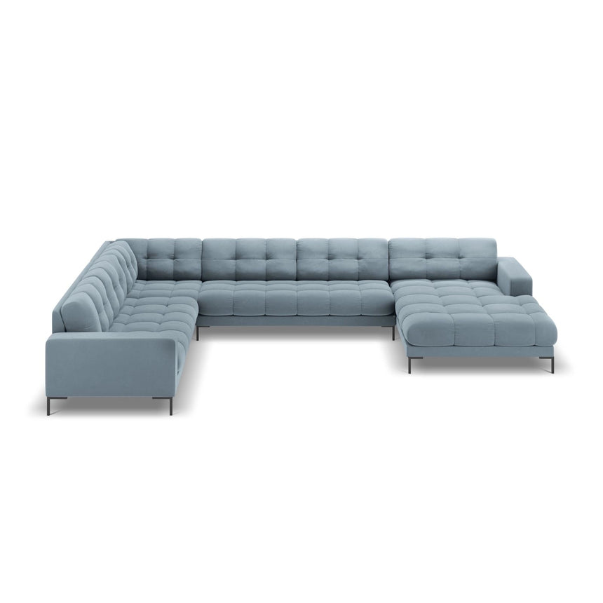 Bali 7-Sitzer Panorama Ecksofa, Linke Seite, aus Samt in Hellblau (Bluvel 06), Beine aus Schwarzes Metall, 327x256x75 cm von Cosmopolitan Design – Bild 3