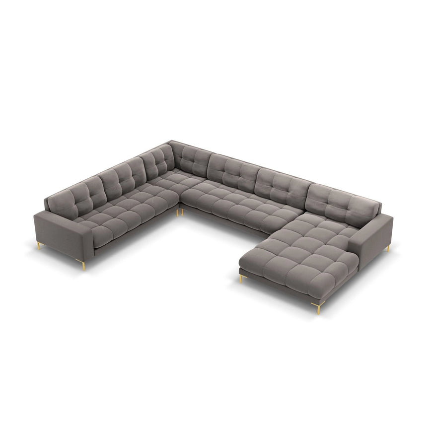 Bali 7-Sitzer Panorama Ecksofa, Linke Seite, aus Samt in Hellgrau (Bluvel 13), Beine aus Goldmetall, 327x256x75 cm von Cosmopolitan Design – Bild 1