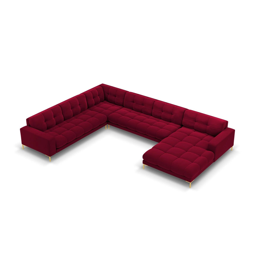 Bali 7-Sitzer Panorama Ecksofa, Linke Seite, aus Samt in Rot (Bluvel 59), Beine aus Goldmetall, 327x256x75 cm von Cosmopolitan Design – Bild 1