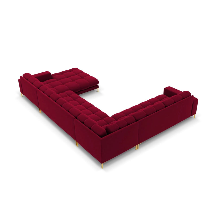 Bali 7-Sitzer Panorama Ecksofa, Linke Seite, aus Samt in Rot (Bluvel 59), Beine aus Goldmetall, 327x256x75 cm von Cosmopolitan Design – Bild 4