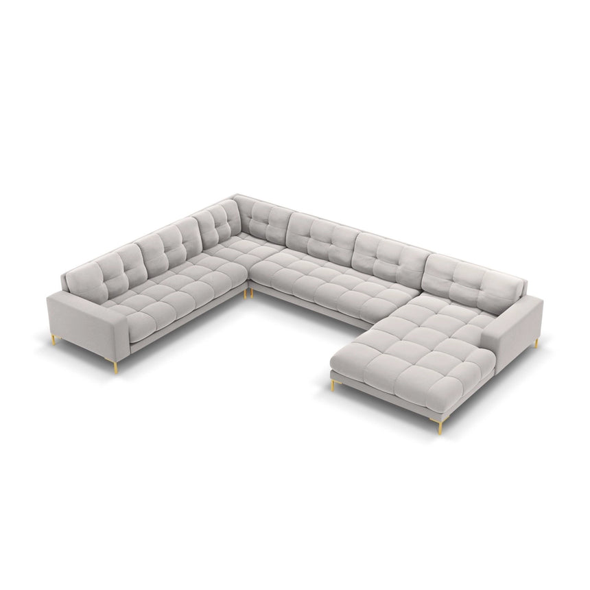 Bali 7-Sitzer Panorama Ecksofa, Linke Seite, aus Samt in Silber (Bluvel 03), Beine aus Goldmetall, 327x256x75 cm von Cosmopolitan Design – Bild 1