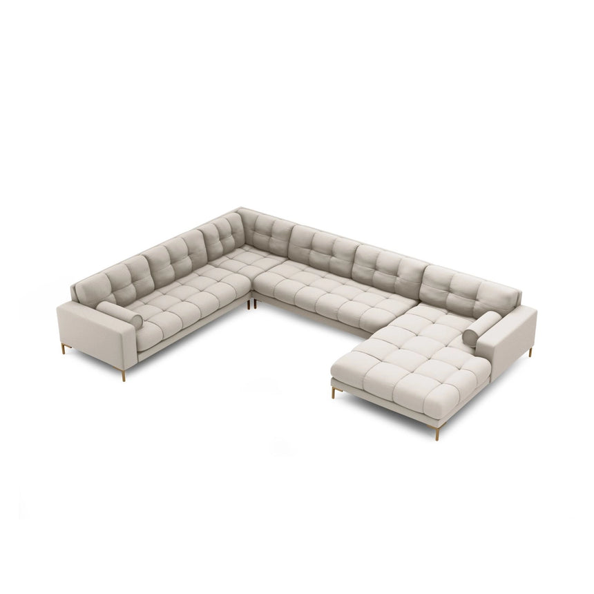 Bali 7-Sitzer Panorama Ecksofa, Linke Seite, aus Strukturierter Stoff in Beige (Neve 04), Beine aus Goldmetall, 327x256x75 cm von Cosmopolitan Design – Bild 1