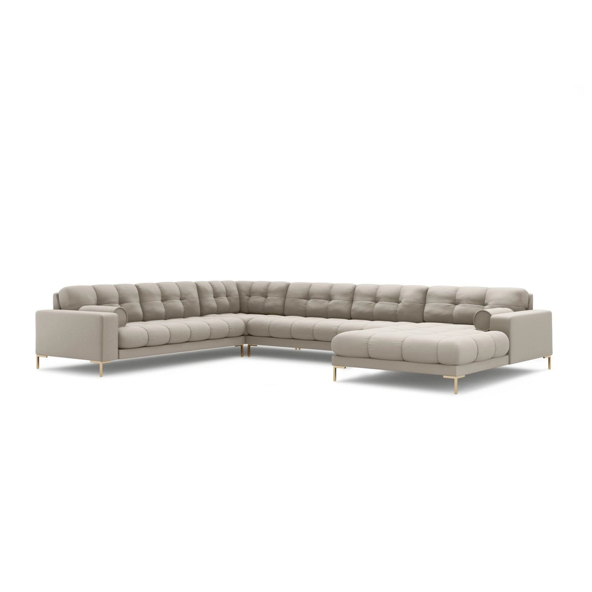 Bali 7-Sitzer Panorama Ecksofa, Linke Seite, aus Strukturierter Stoff in Beige (Neve 04), Beine aus Goldmetall, 327x256x75 cm von Cosmopolitan Design – Bild 4