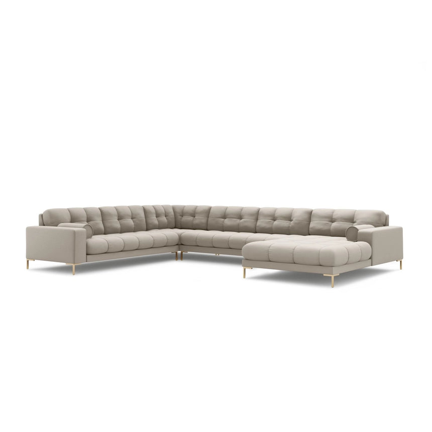 Bali 7-Sitzer Panorama Ecksofa, Linke Seite, aus Strukturierter Stoff in Beige (Neve 04), Beine aus Goldmetall, 327x256x75 cm von Cosmopolitan Design – Bild 4