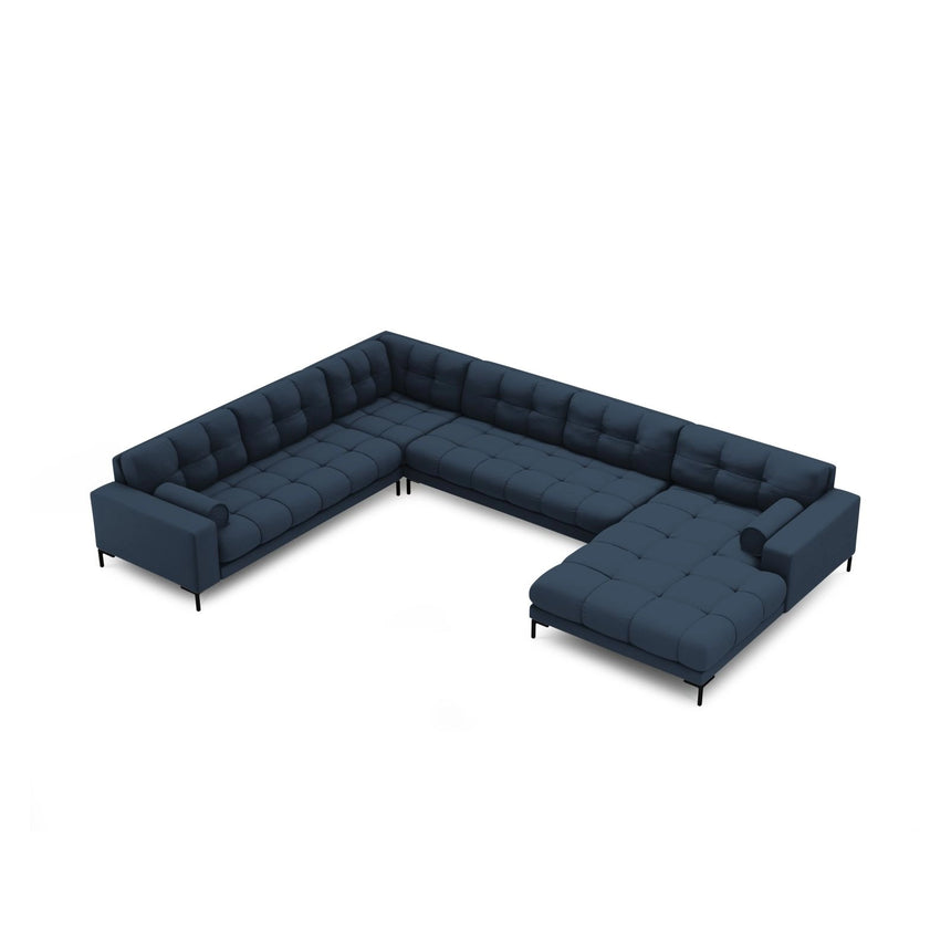 Bali 7-Sitzer Panorama Ecksofa, Linke Seite, aus Strukturierter Stoff in Blau (Neve 77), Beine aus Schwarzes Metall, 327x256x75 cm von Cosmopolitan Design – Bild 1