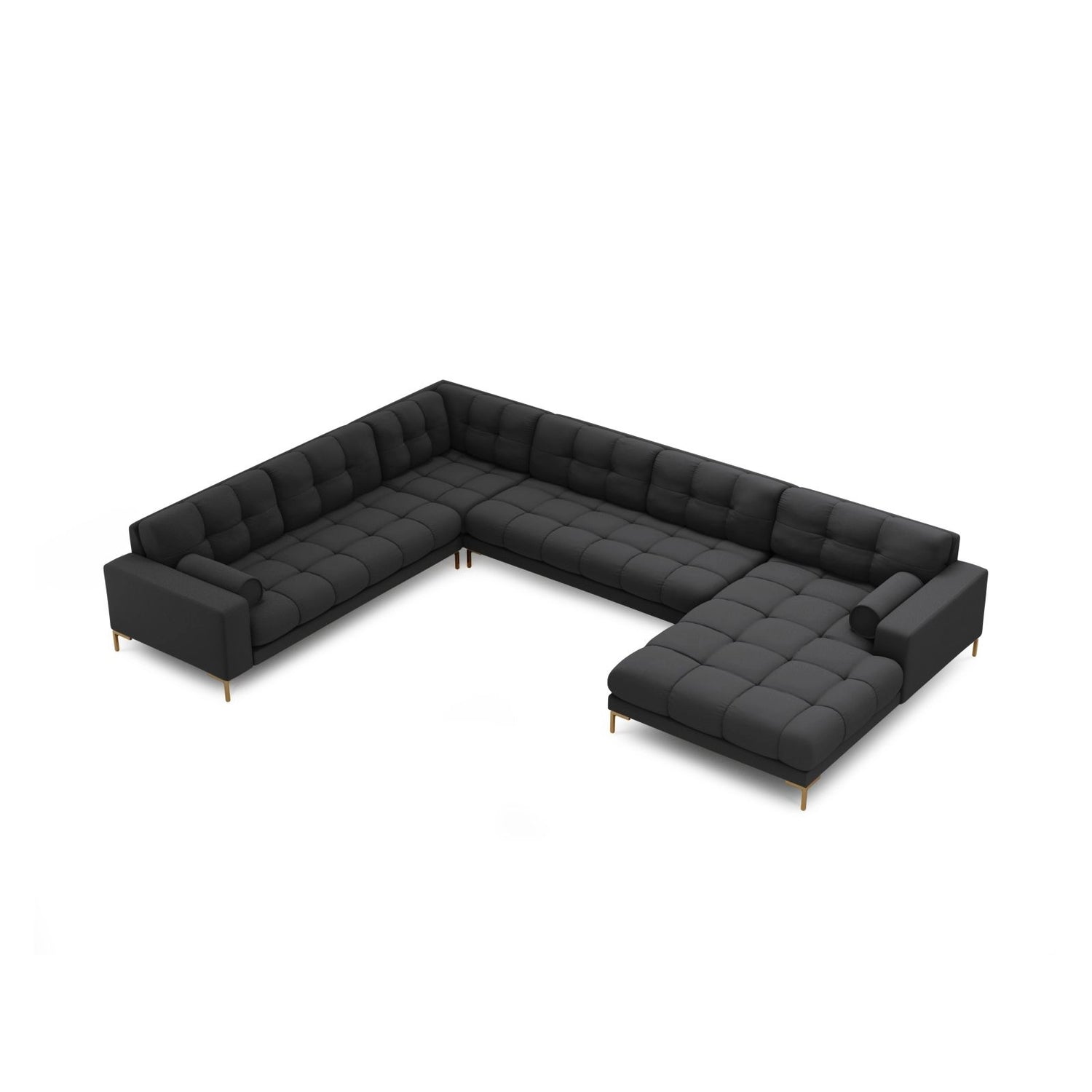 Bali 7-Sitzer Panorama Ecksofa, Linke Seite, aus Strukturierter Stoff in Dunkelgrau (Neve 97), Beine aus Goldmetall, 327x256x75 cm von Cosmopolitan Design – Bild 1