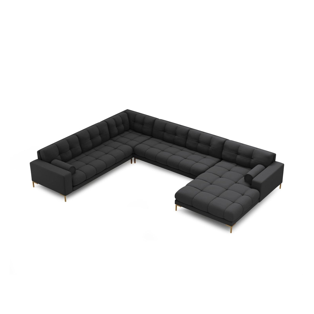 Bali 7-Sitzer Panorama Ecksofa, Linke Seite, aus Strukturierter Stoff in Dunkelgrau (Neve 97), Beine aus Goldmetall, 327x256x75 cm von Cosmopolitan Design – Bild 1