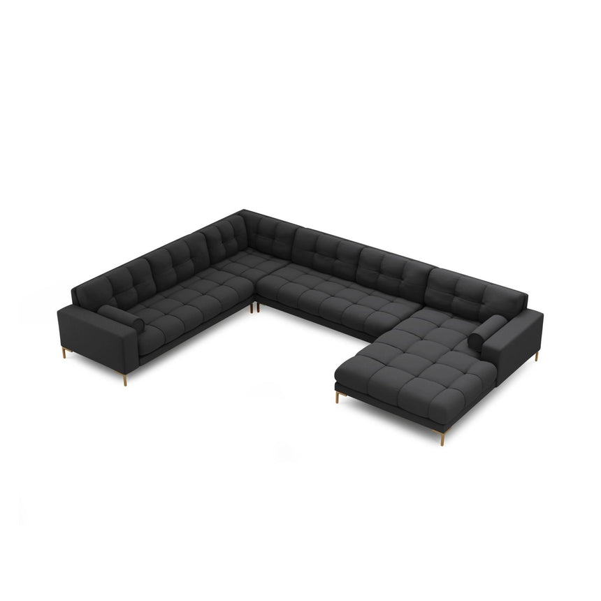 Bali 7-Sitzer Panorama Ecksofa, Linke Seite, aus Strukturierter Stoff in Dunkelgrau (Neve 97), Beine aus Goldmetall, 327x256x75 cm von Cosmopolitan Design – Bild 1
