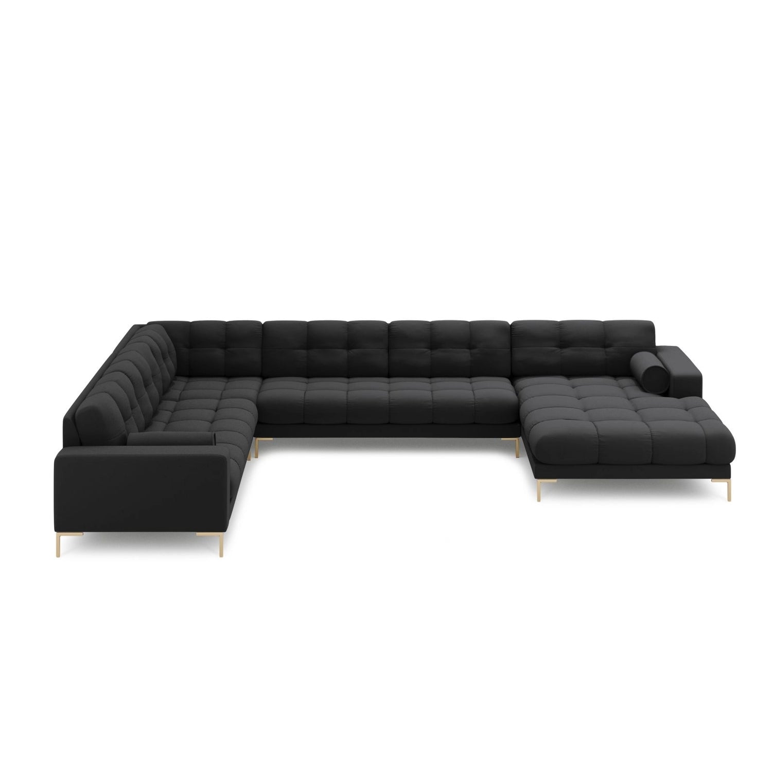 Bali 7-Sitzer Panorama Ecksofa, Linke Seite, aus Strukturierter Stoff in Dunkelgrau (Neve 97), Beine aus Goldmetall, 327x256x75 cm von Cosmopolitan Design – Bild 3