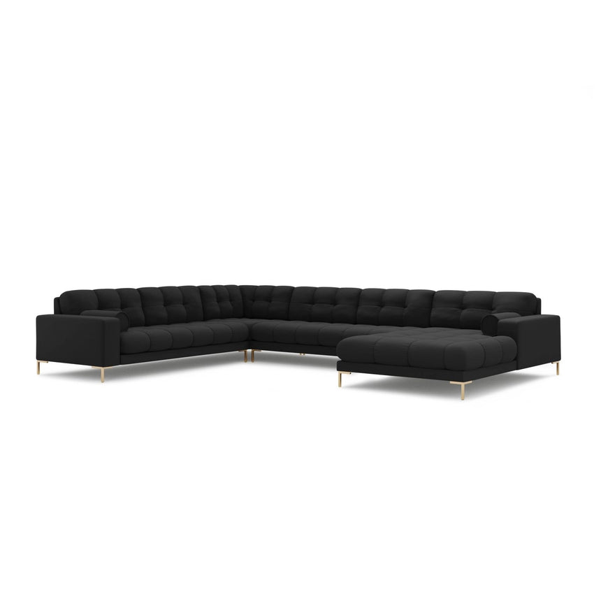Bali 7-Sitzer Panorama Ecksofa, Linke Seite, aus Strukturierter Stoff in Dunkelgrau (Neve 97), Beine aus Goldmetall, 327x256x75 cm von Cosmopolitan Design – Bild 4