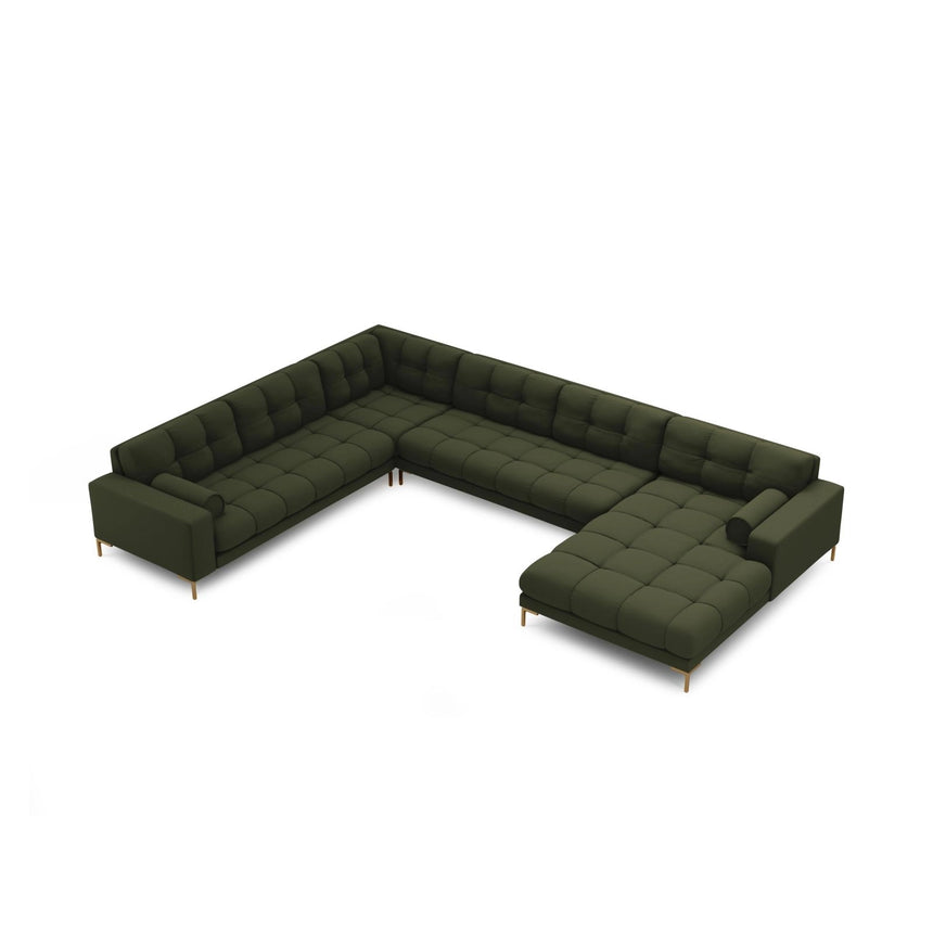 Bali 7-Sitzer Panorama Ecksofa, Linke Seite, aus Strukturierter Stoff in Grün (Neve 39), Beine aus Goldmetall, 327x256x75 cm von Cosmopolitan Design – Bild 1