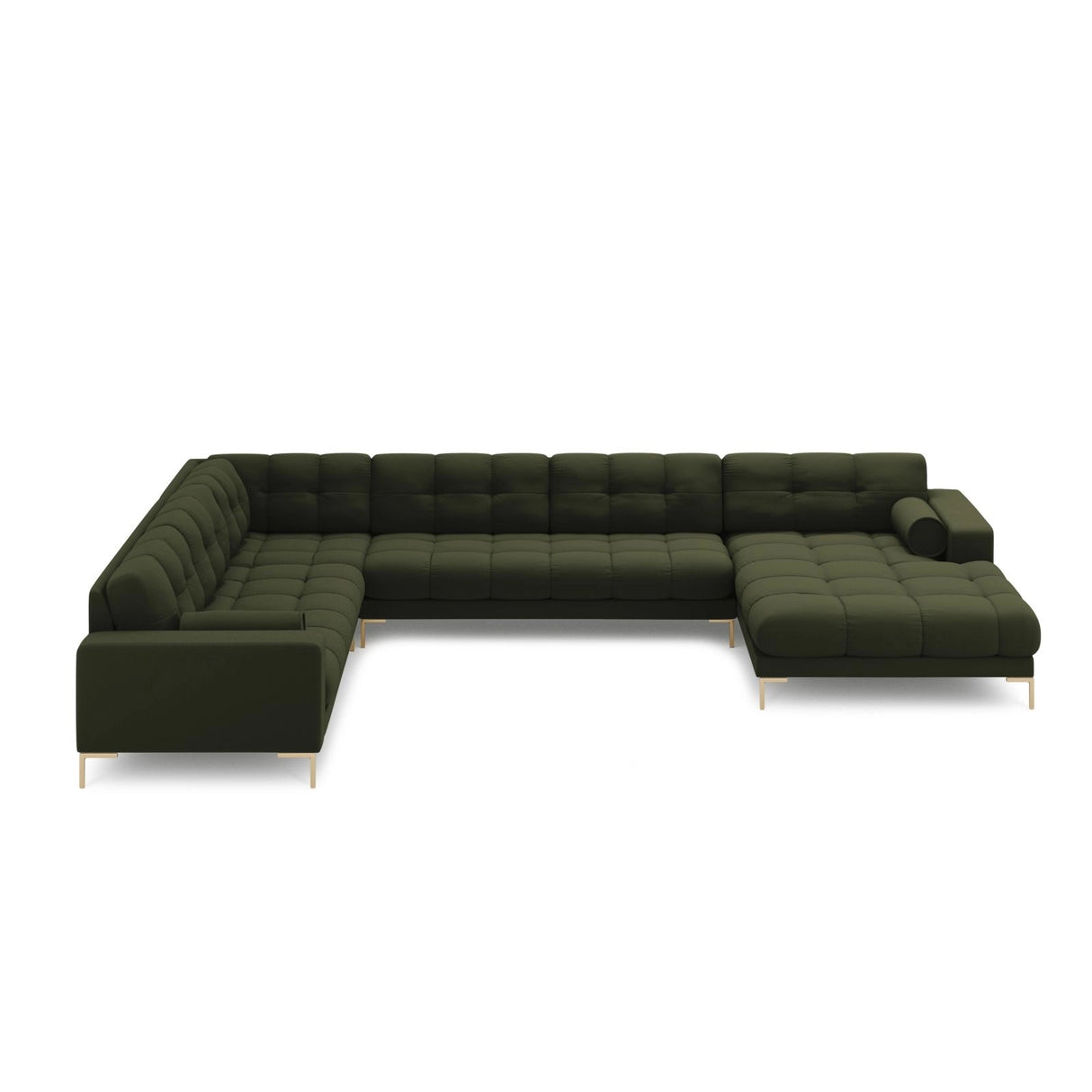 Bali 7-Sitzer Panorama Ecksofa, Linke Seite, aus Strukturierter Stoff in Grün (Neve 39), Beine aus Goldmetall, 327x256x75 cm von Cosmopolitan Design – Bild 3