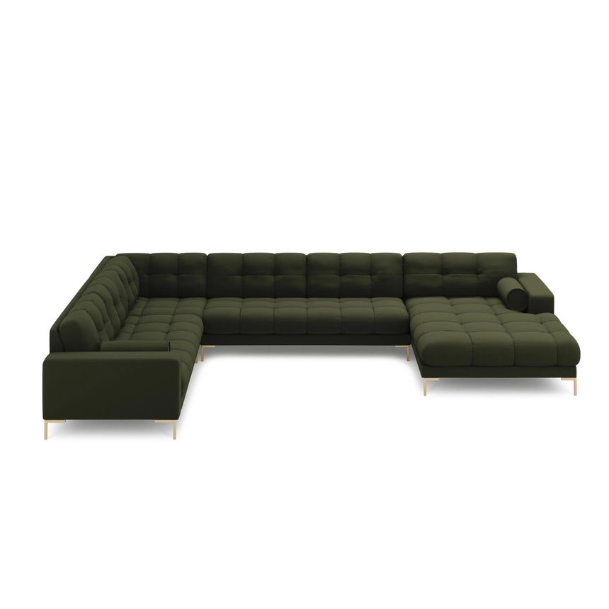 Bali 7-Sitzer Panorama Ecksofa, Linke Seite, aus Strukturierter Stoff in Grün (Neve 39), Beine aus Goldmetall, 327x256x75 cm von Cosmopolitan Design – Bild 3