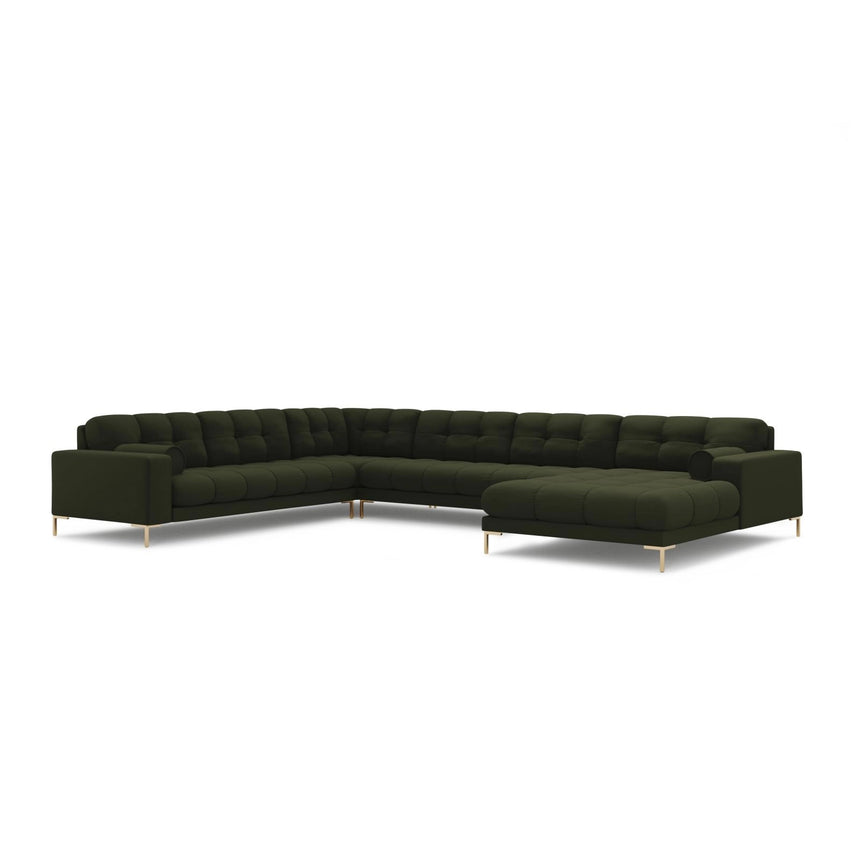 Bali 7-Sitzer Panorama Ecksofa, Linke Seite, aus Strukturierter Stoff in Grün (Neve 39), Beine aus Goldmetall, 327x256x75 cm von Cosmopolitan Design – Bild 4