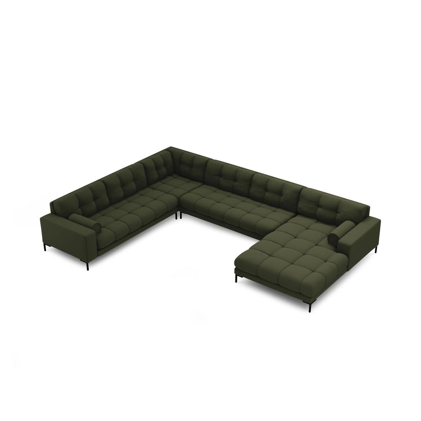Bali 7-Sitzer Panorama Ecksofa, Linke Seite, aus Strukturierter Stoff in Grün (Neve 39), Beine aus Schwarzes Metall, 327x256x75 cm von Cosmopolitan Design – Bild 1