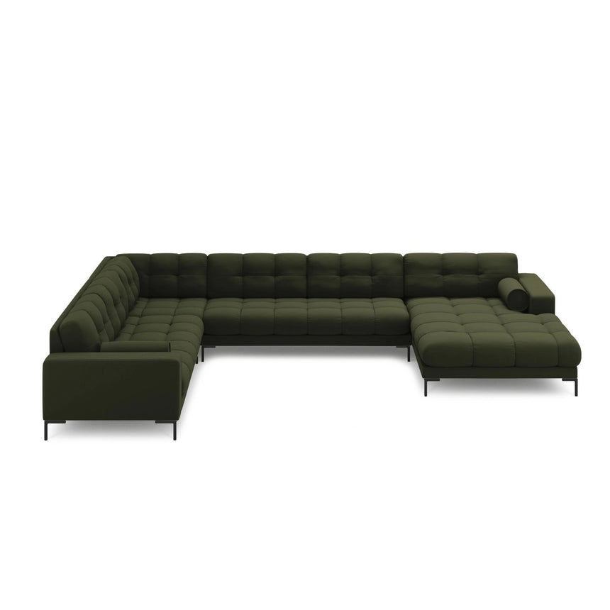 Bali 7-Sitzer Panorama Ecksofa, Linke Seite, aus Strukturierter Stoff in Grün (Neve 39), Beine aus Schwarzes Metall, 327x256x75 cm von Cosmopolitan Design – Bild 3
