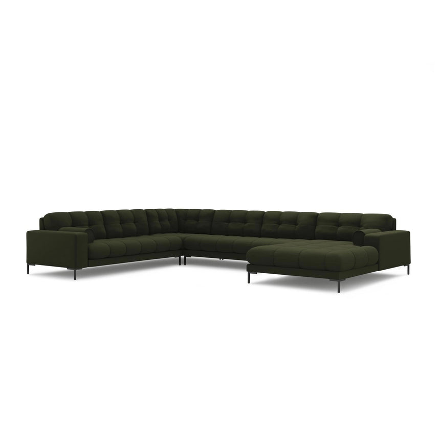 Bali 7-Sitzer Panorama Ecksofa, Linke Seite, aus Strukturierter Stoff in Grün (Neve 39), Beine aus Schwarzes Metall, 327x256x75 cm von Cosmopolitan Design – Bild 4