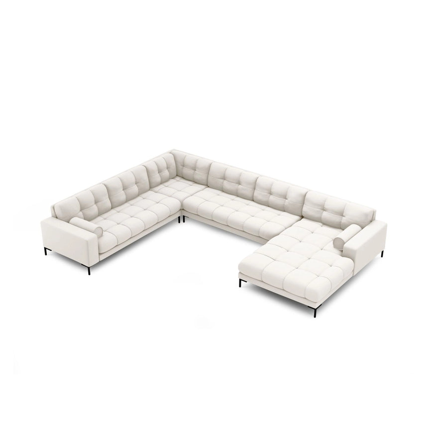 Bali 7-Sitzer Panorama Ecksofa, Linke Seite, aus Strukturierter Stoff in Hellbeige (Neve 02), Beine aus Schwarzes Metall, 327x256x75 cm von Cosmopolitan Design – Bild 1