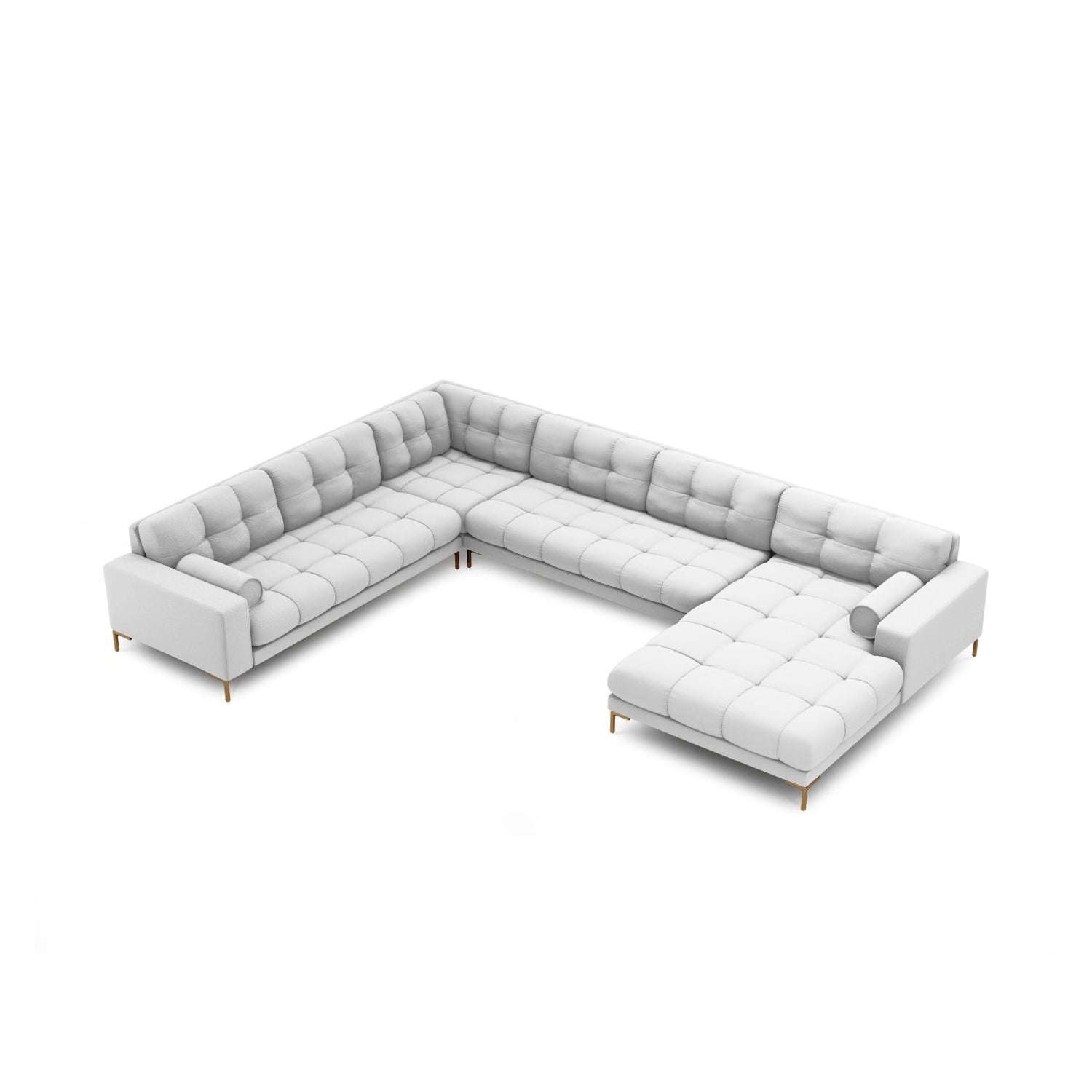 Bali 7-Sitzer Panorama Ecksofa, Linke Seite, aus Strukturierter Stoff in Hellgrau (Neve 80), Beine aus Goldmetall, 327x256x75 cm von Cosmopolitan Design – Bild 1