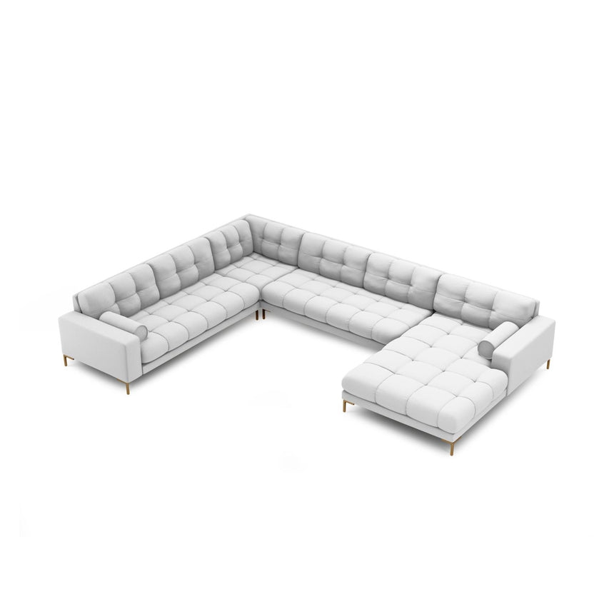 Bali 7-Sitzer Panorama Ecksofa, Linke Seite, aus Strukturierter Stoff in Hellgrau (Neve 80), Beine aus Goldmetall, 327x256x75 cm von Cosmopolitan Design – Bild 1
