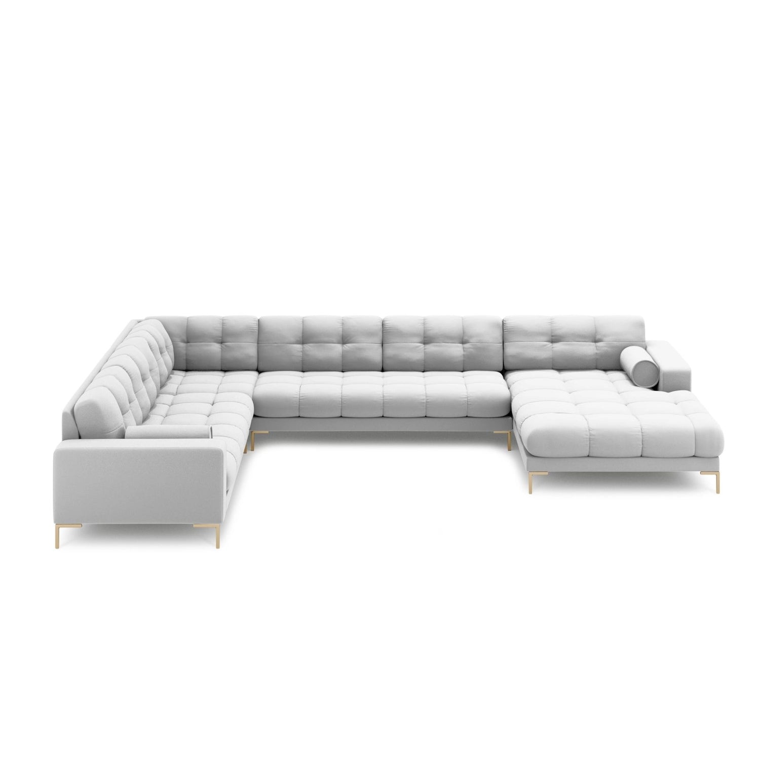 Bali 7-Sitzer Panorama Ecksofa, Linke Seite, aus Strukturierter Stoff in Hellgrau (Neve 80), Beine aus Goldmetall, 327x256x75 cm von Cosmopolitan Design – Bild 3