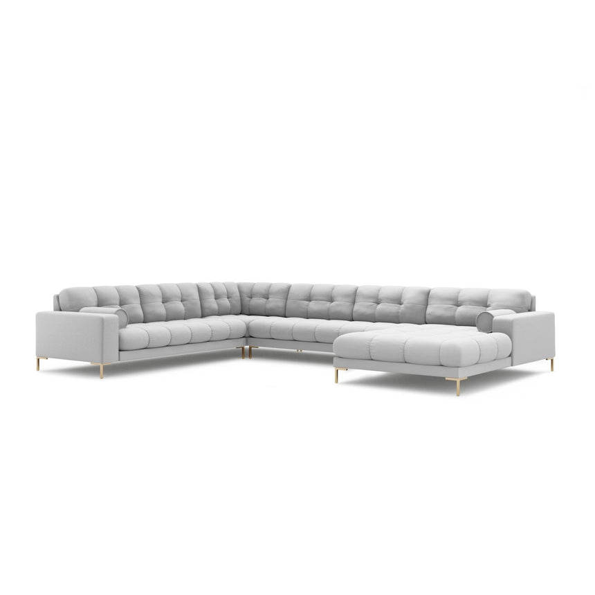 Bali 7-Sitzer Panorama Ecksofa, Linke Seite, aus Strukturierter Stoff in Hellgrau (Neve 80), Beine aus Goldmetall, 327x256x75 cm von Cosmopolitan Design – Bild 4