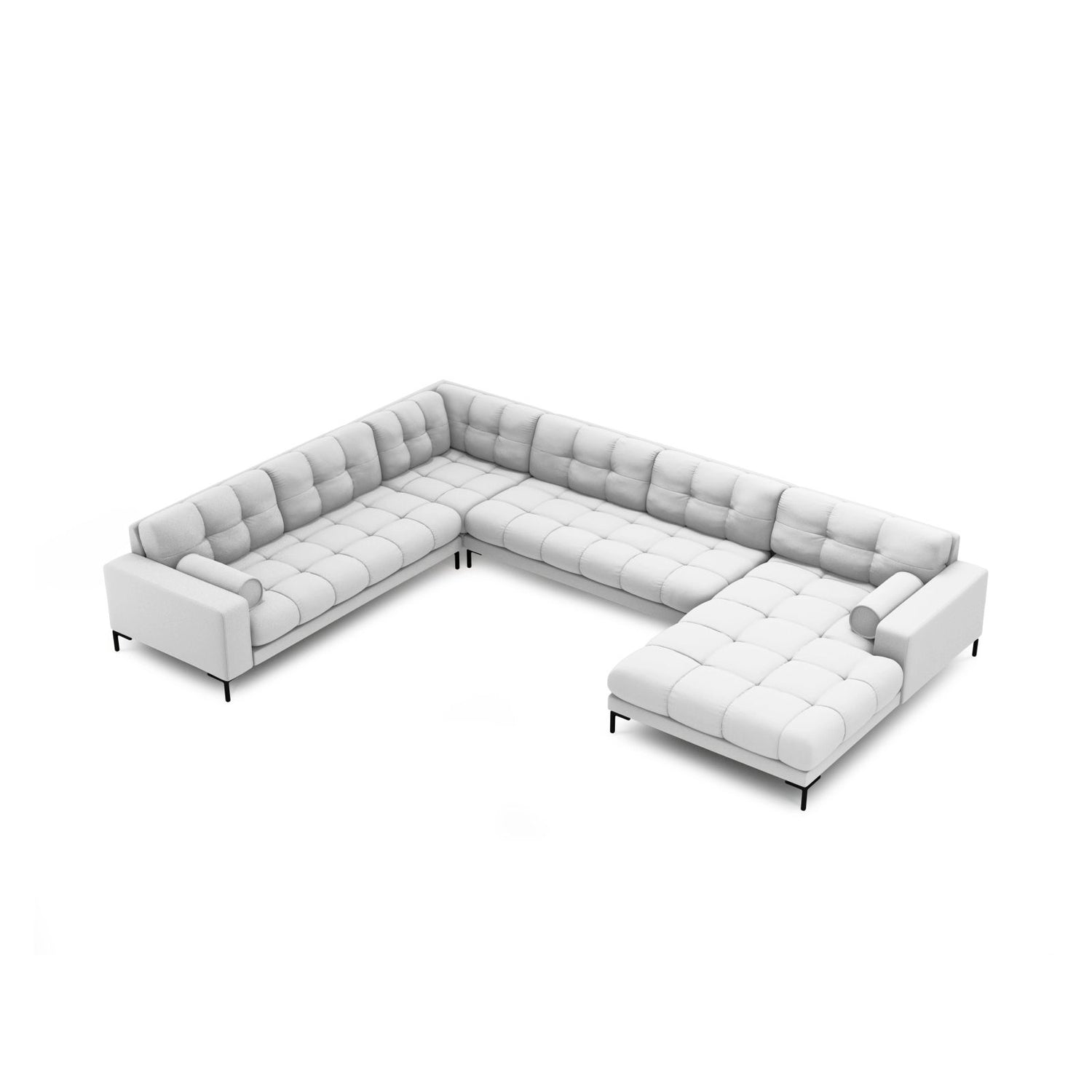Bali 7-Sitzer Panorama Ecksofa, Linke Seite, aus Strukturierter Stoff in Hellgrau (Neve 80), Beine aus Schwarzes Metall, 327x256x75 cm von Cosmopolitan Design – Bild 1